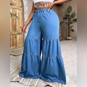 Womens Denim Pants 4X Boho Wide Leg Tiered High Waist Palazzo Jeans Y2K Pull On